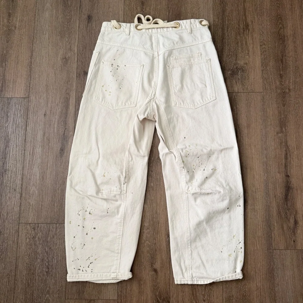 We The Free Moxie Barrell Jeans Women 29 White Paint Splatter Patch Rope Utility